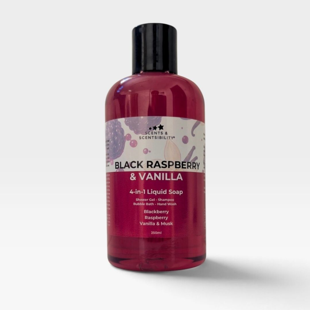 A 250ml bottle of Scents & Scentsibility Black Raspberry & Vanilla 4-in-1 Liquid Soap, featuring a translucent deep red bottle and a black cap, set against a light gray background.