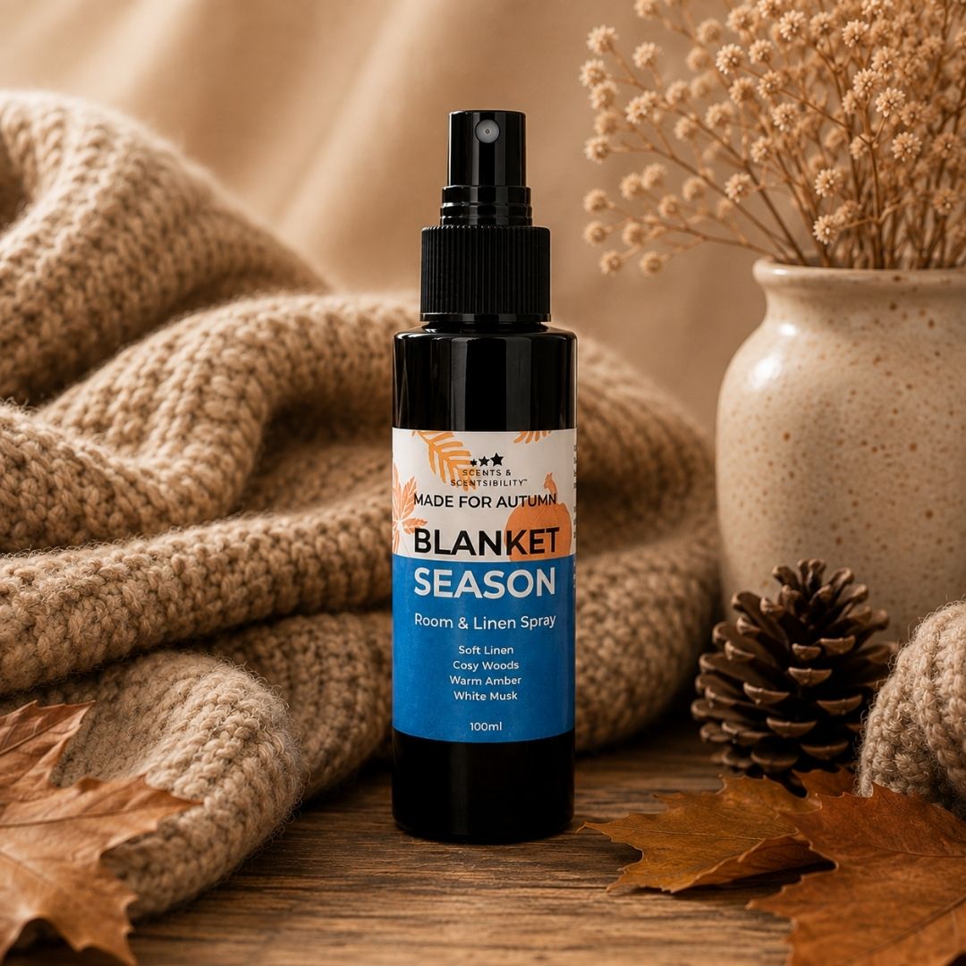 Made For Autumn Blanket Season Room & Linen Spray styled in a soft, cosy autumn setting with warm neutral tones and comforting textures.
