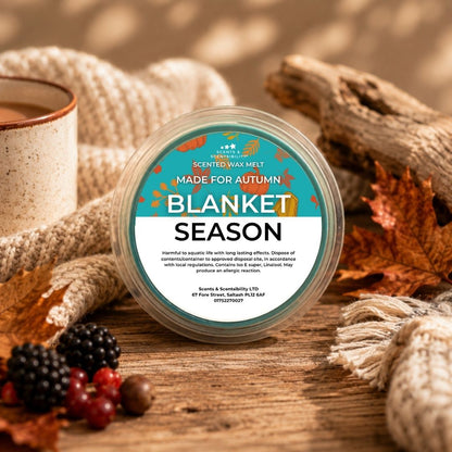 Made For Autumn Blanket Season Room & Linen Spray and scented wax melt styled together in a cosy autumn setting with soft knitted textures and warm neutral tones.