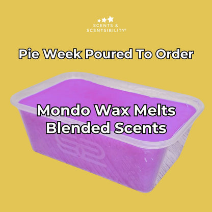 Purple container of Mondo Wax Melts with text on a yellow background