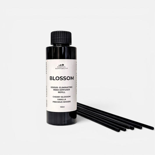A black bottle of Blossom odour-eliminating Reed Diffuser Refill with a white label, shown next to several black reeds on a light gray background.