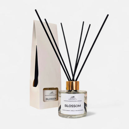 Reed diffuser set with 'Blossom' fragrance on a white background