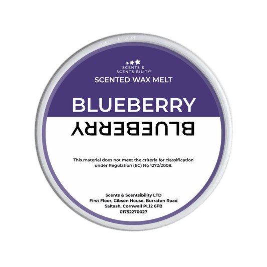 Scented wax melt container labeled 'Blueberry' on a green background