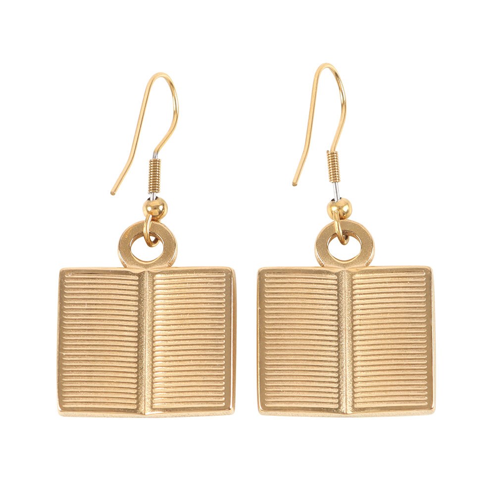 Gold book-shaped earrings on a white background
