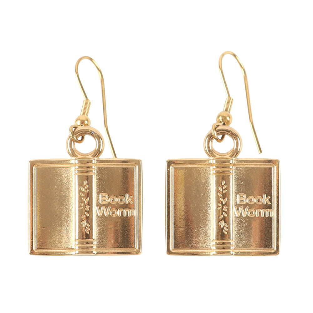 Gold book-shaped earrings with 'Book Worm' text on a white background