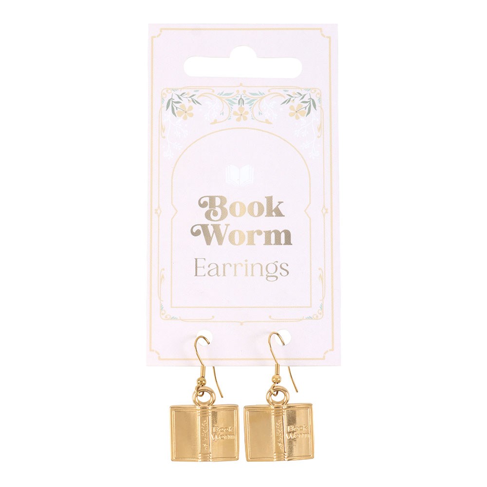 Gold book-shaped earrings on a 'Book Worm Earrings' card with decorative elements.