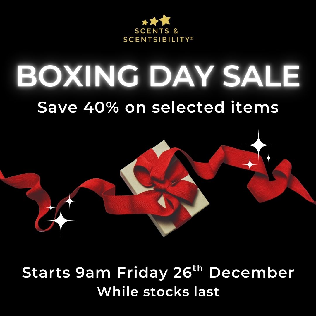 Promotional poster for Boxing Day sale with a gift and red ribbon on a black background.