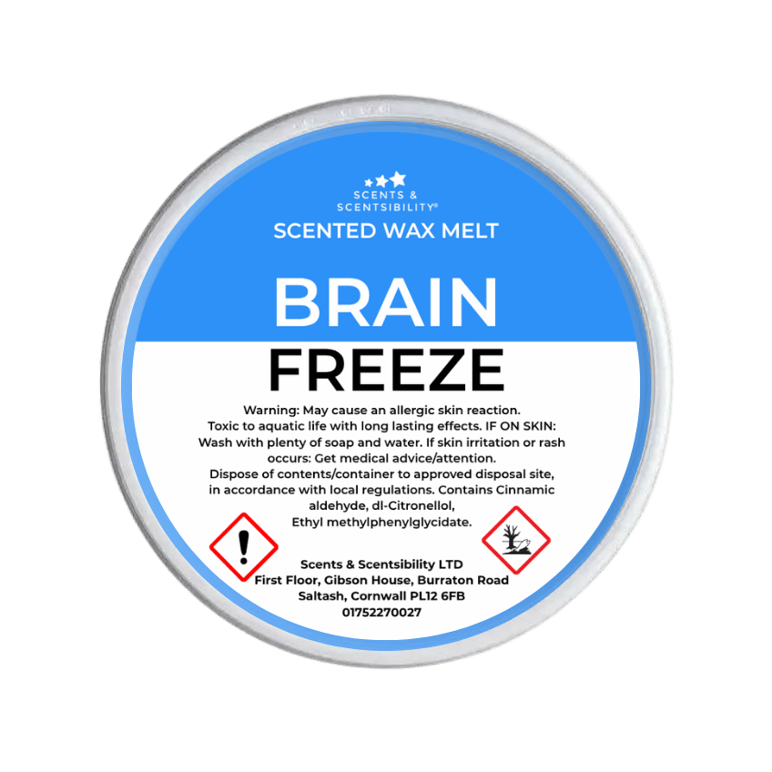 Scented wax melt container labeled 'Brain Freeze' with blue label and white text on a green background.