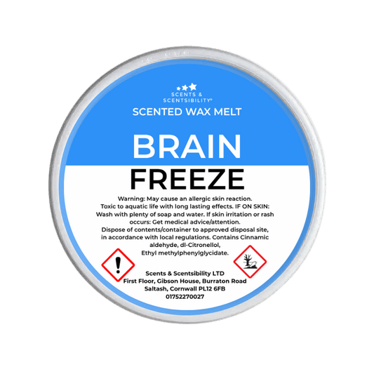 Scented wax melt container labeled 'Brain Freeze' with blue label and white text on a green background.