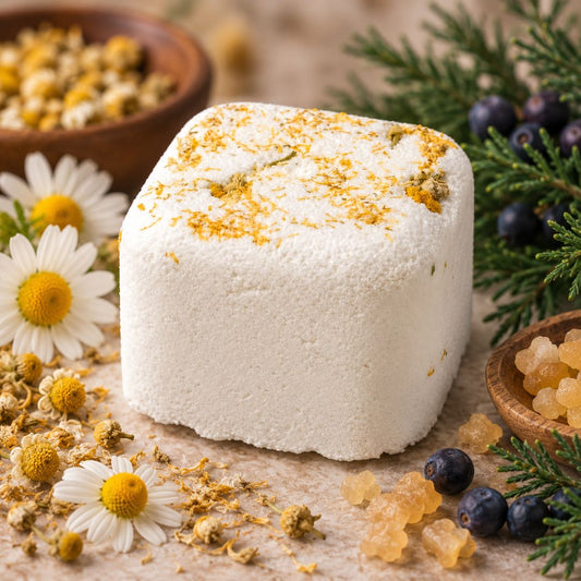 A square white shower steamer with dried botanicals sprinkled on top, styled with chamomile flowers, blueberries, and green pine branches on a neutral textured background.