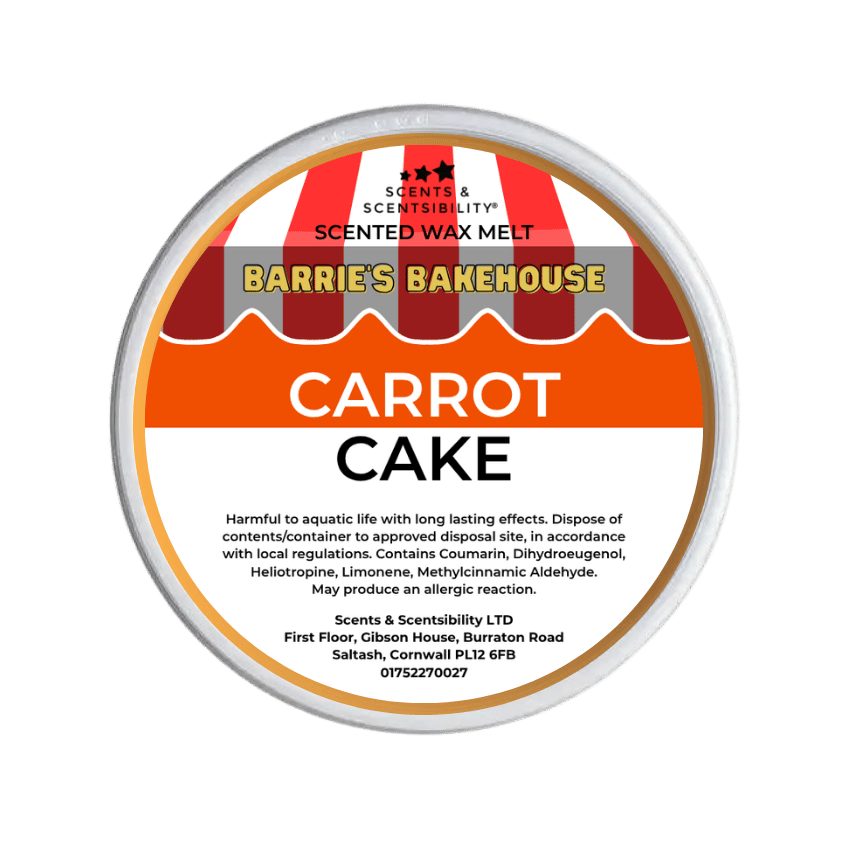 Scented wax melt container with 'Barrie's Bakehouse' branding and 'Carrot Cake' flavor on a green background.