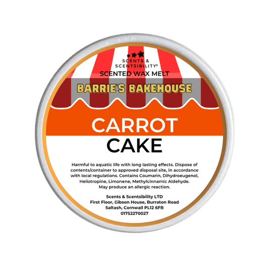Scented wax melt container with 'Barrie's Bakehouse' branding and 'Carrot Cake' flavor on a green background.