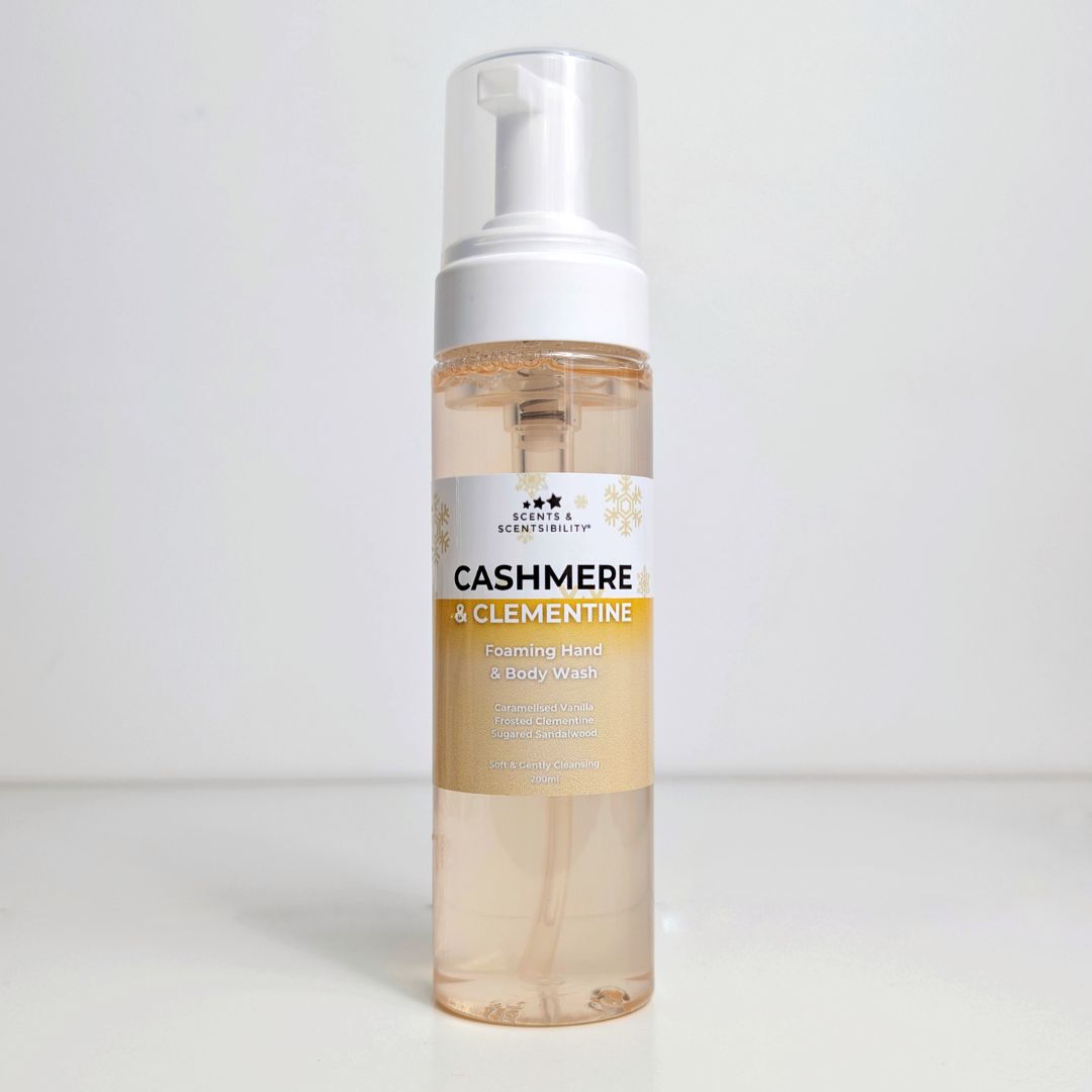 A bottle of liquid soap with a foamer top and a labelled 'Cashmere & Clementine'