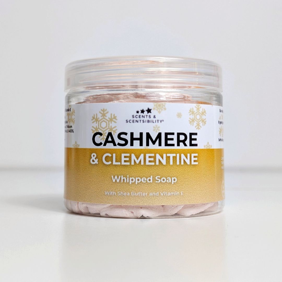 Jar of 'Cashmere & Clementine' whipped soap with a white background
