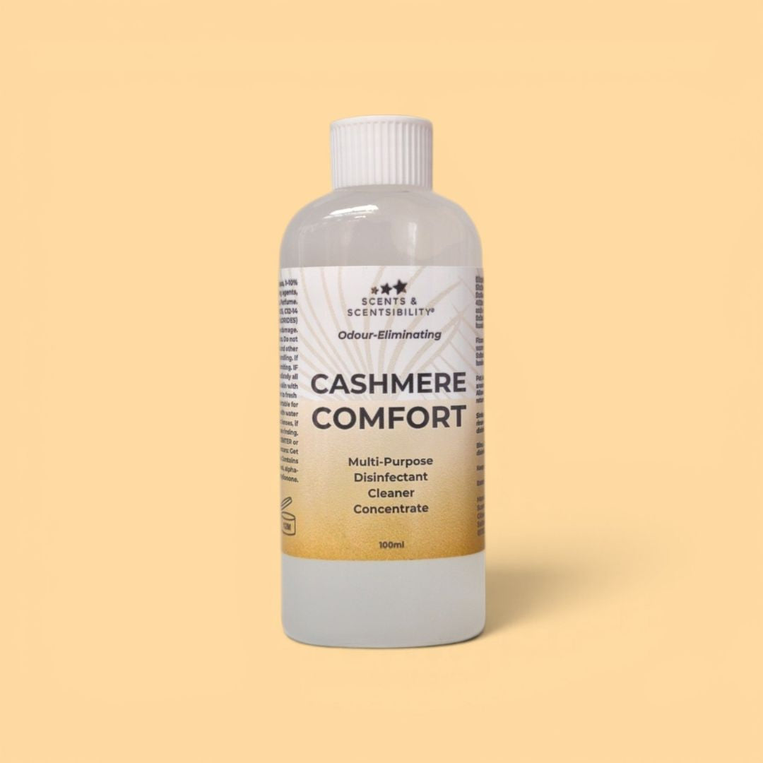 Bottle of Cashmere Comfort multi-purpose disinfectant cleaner concentrate on a beige background