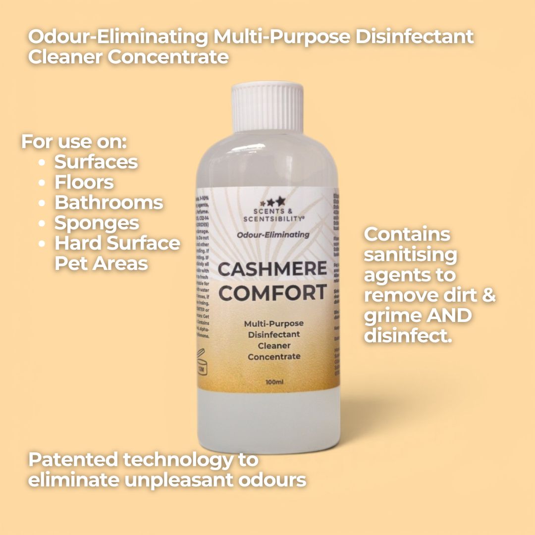 Bottle of Cashmere Comfort multi-purpose disinfectant cleaner concentrate on a beige background