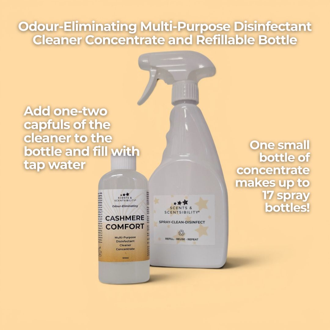 Two bottles of Odour-Eliminating Multi-Purpose Disinfectant Cleaner Concentrate on a beige background