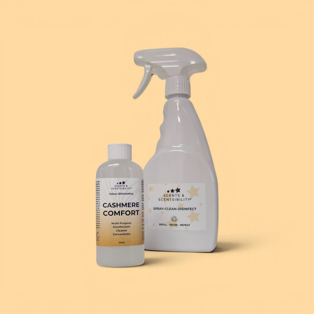 Two bottles of cleaning products on a beige background