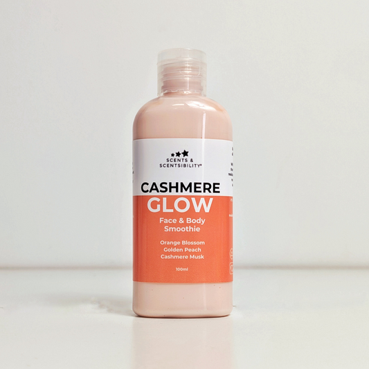 Bottle of 'Cashmere Glow' face and body smoothie with a white background