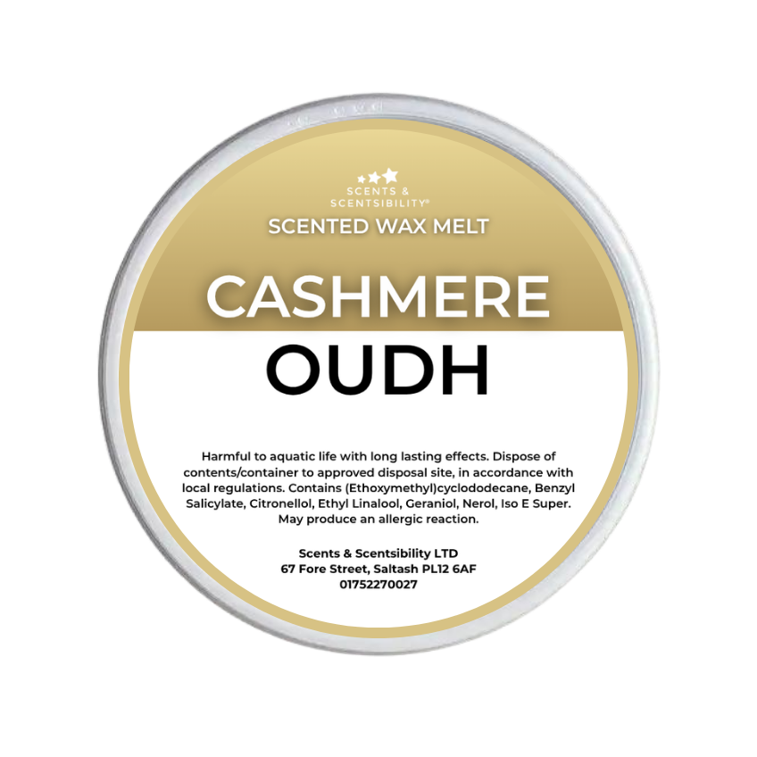 A round tub of Scents & Scentsibility Scented Wax Melt in the variant 'Cashmere Oudh'. The container features a white and gold label with black text, set against a clean white background.