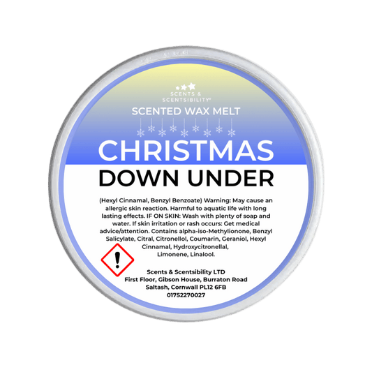 Scented wax melt container labeled 'Christmas Down Under' on a green background