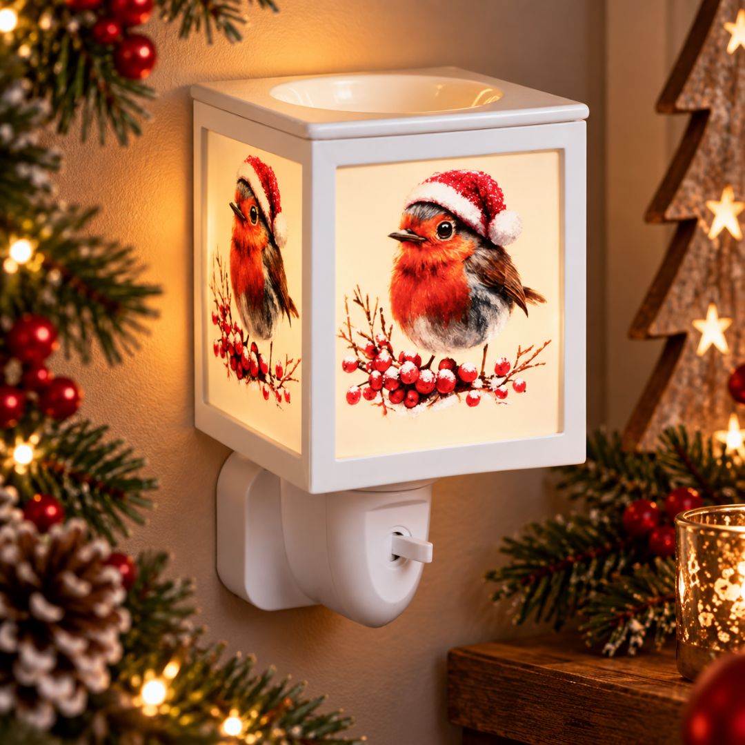 A white cube-shaped Christmas plug-in wax warmer with a warm glowing face and printed robin bird illustrations wearing Santa hats, shown lit in a holiday setting with pine branches, red berries, and warm lights.