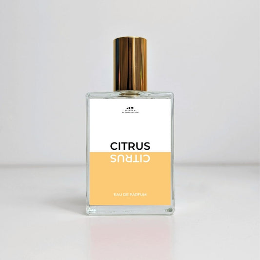 Perfume bottle labeled 'Citrus' on a light gray background