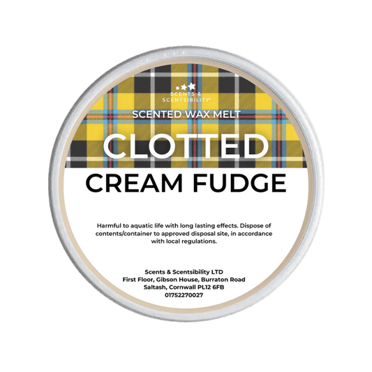Wax melt packaging with a Cornish tartan label saying 'Clotted Cream Fudge'