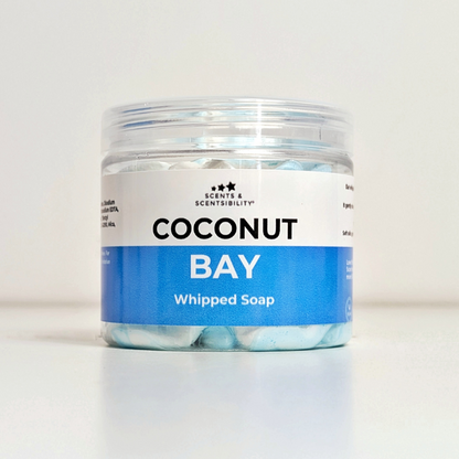 Jar of 'Coconut Bay' whipped soap on a white background