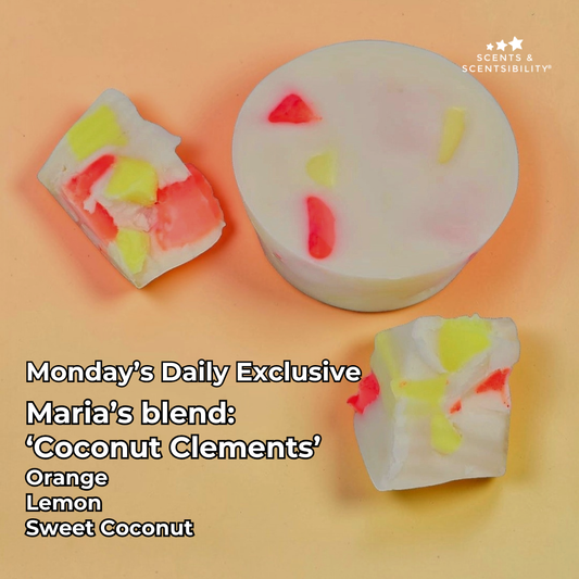 Three colorful wax melts on an orange background, labeled 'Maria's blend: Coconut Clements'.