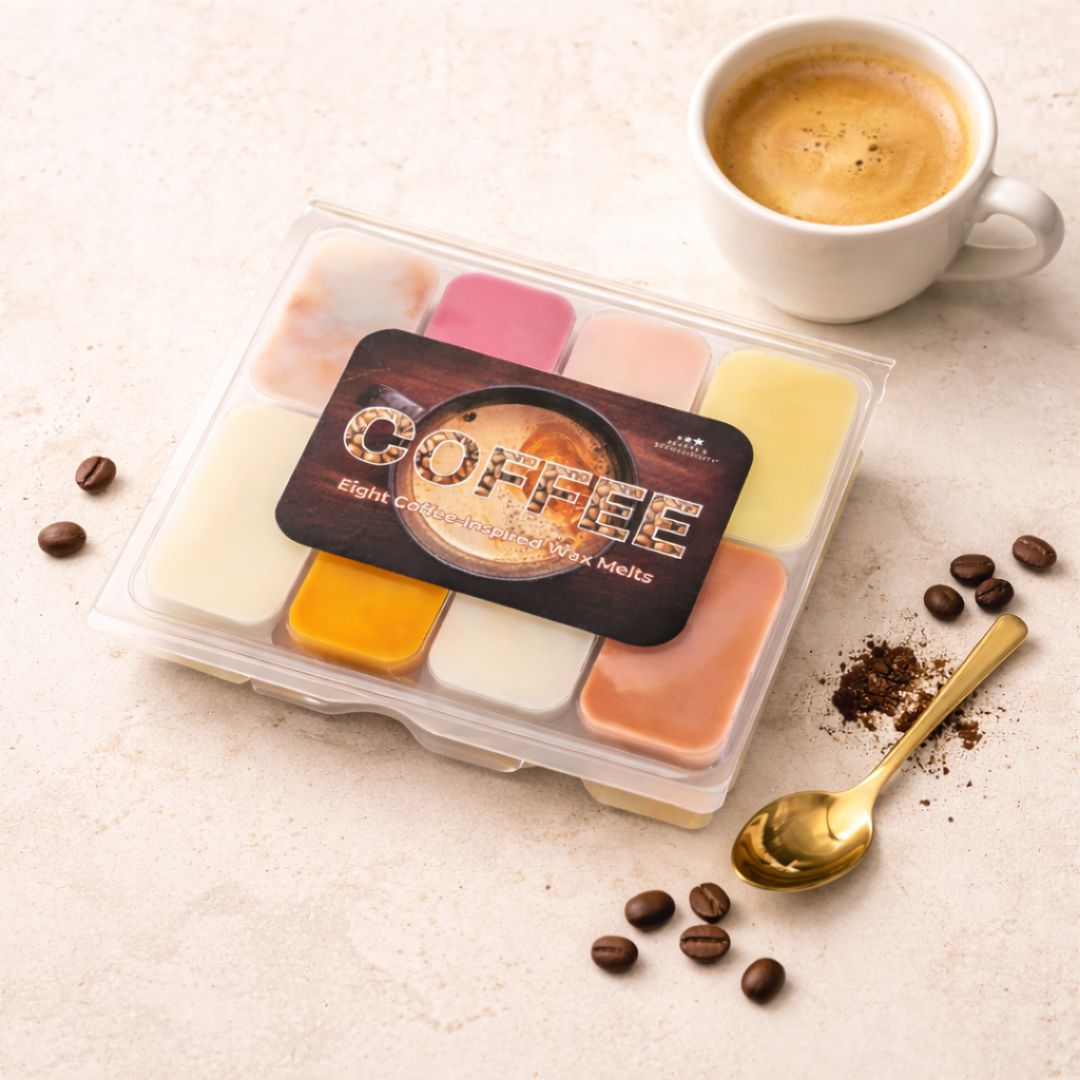 A selection of wax melts in packaging with a dark label saying 'Coffee', surrounded by coffee beans and a cup of coffee. 
