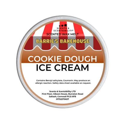 Wax melt container labeled 'Cookie Dough Ice Cream' by Barrie's Bakehouse on a green background