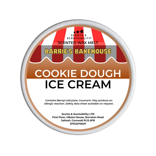 Wax melt container labeled 'Cookie Dough Ice Cream' by Barrie's Bakehouse on a green background