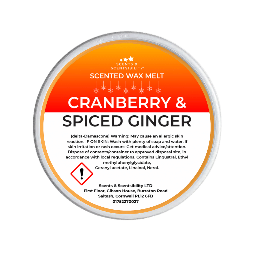 Cranberry & Spiced Ginger scented wax melt container with label on a green background