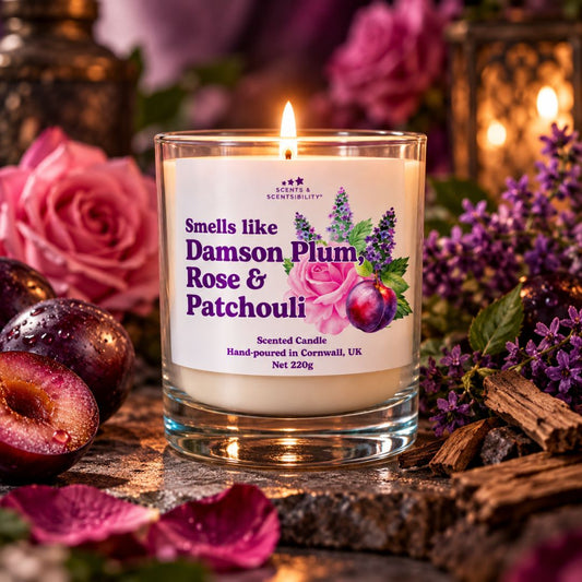 Damson Plum, Rose & Patchouli scented candle by Scents & Scentsibility, surrounded by ripe damson plums, pink roses, purple flowers and warm atmospheric candlelight.