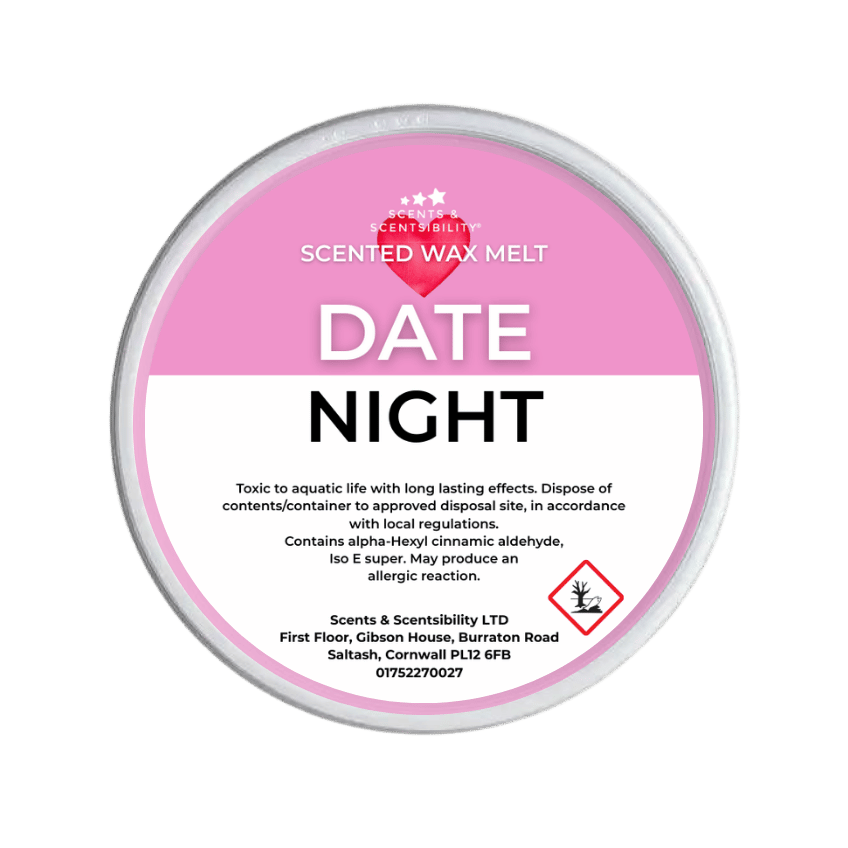 Scented wax melt container labeled 'Date Night' with pink and white design.
