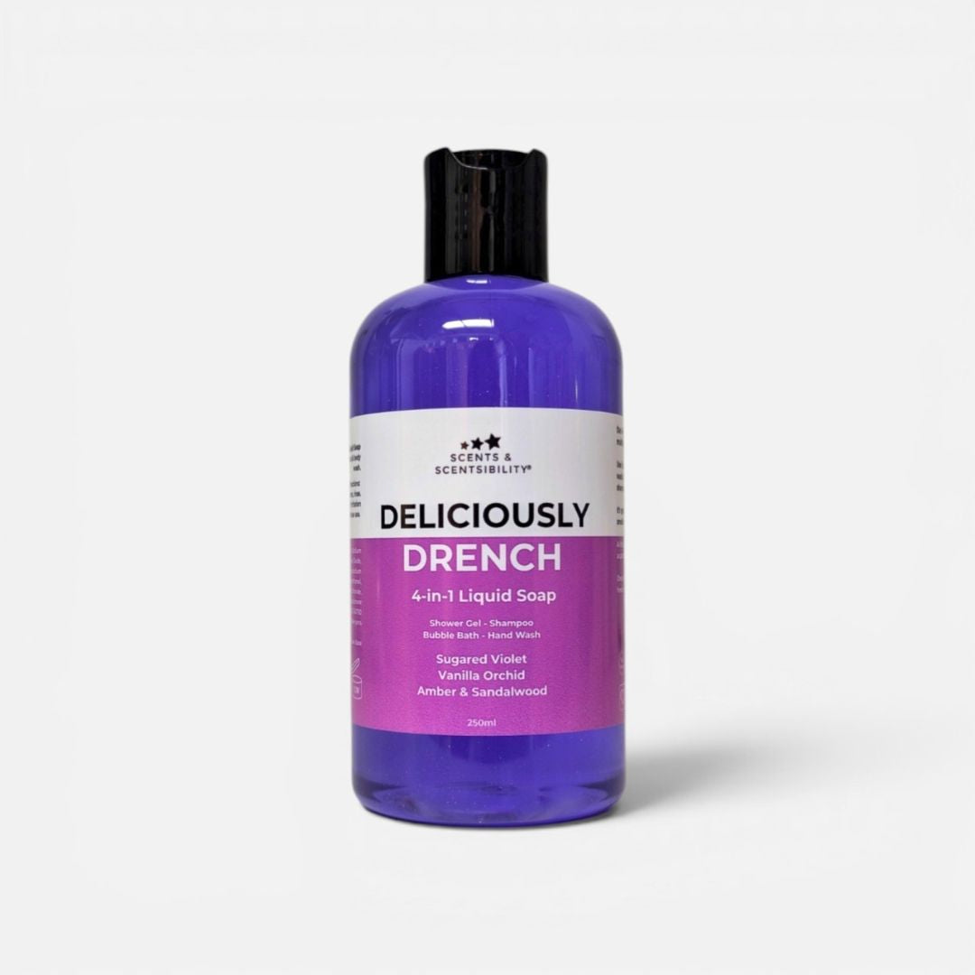 Purple bottle of 'Deliciously Drench' 4-in-1 Liquid Soap on a white background