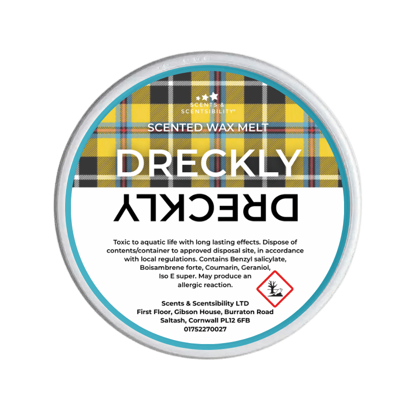 Dreckly scented wax melt packaging with Cornish Tartan on a green background