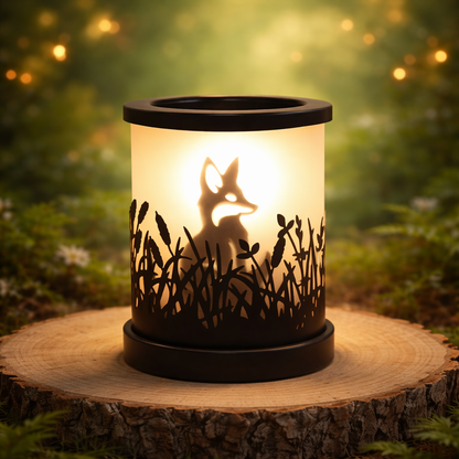 Electric Fox Silhouette Wax Melt Warmer  on tree stump with mystical forest background