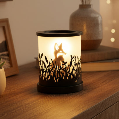 Electric Fox Silhouette Wax Melt Warmer on a sideboard in a cosy home