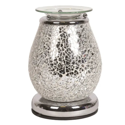 Jupiter Mosaic Touch-Control Electric Wax Melt Burner featuring shimmering silver crackle glass, a polished chrome base and a removable glass melting dish.