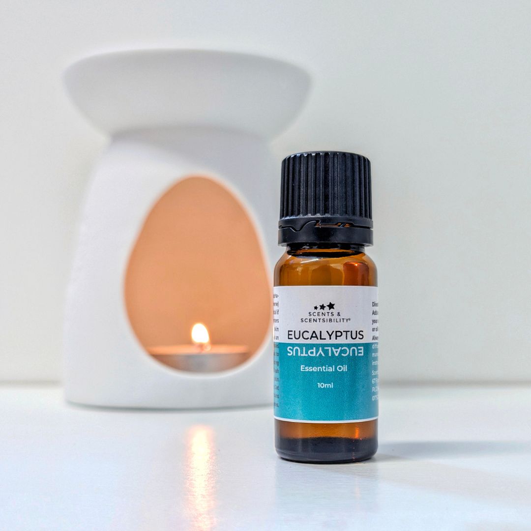 A 10ml bottle of Eucalyptus Essential Oil by Scents & Scentsibility standing in front of a white ceramic oil burner with a lit candle inside, on a clean white surface.