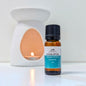 A 10ml bottle of Eucalyptus Essential Oil by Scents & Scentsibility standing in front of a white ceramic oil burner with a lit candle inside, on a clean white surface.