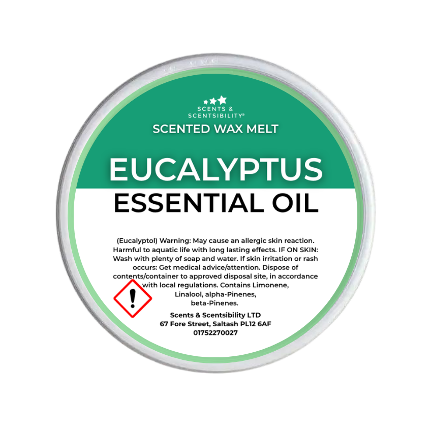 A round tub of Scents & Scentsibility Scented Wax Melt Eucalyptus Essential Oil, featuring a green and white label with product details and a warning symbol.