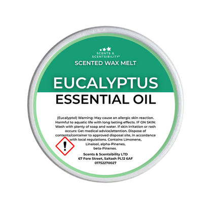 A round tub of Scents & Scentsibility Scented Wax Melt Eucalyptus Essential Oil, featuring a green and white label with product details and a warning symbol.