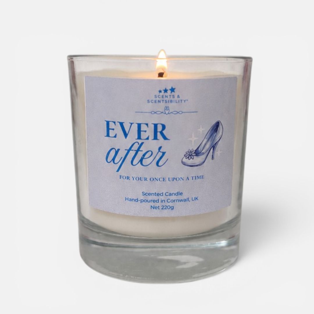 Scented candle labeled 'Ever After' with a blue label on a white background
