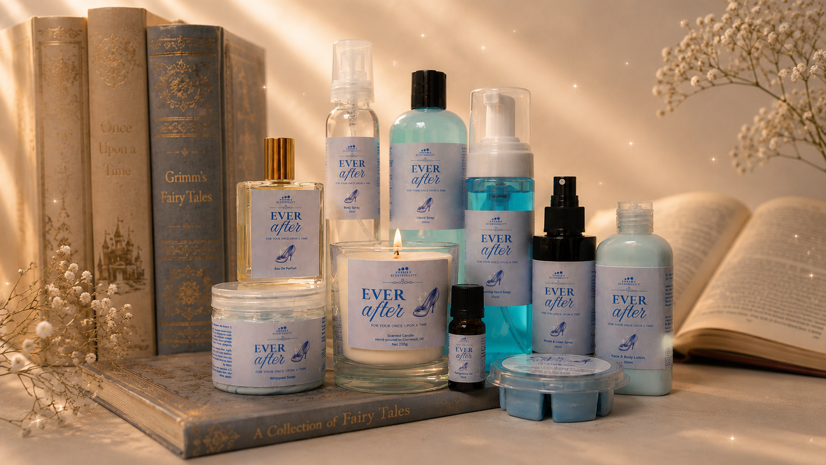Collection of 'Ever After' skincare and home fragrance products on a surface with books and flowers.