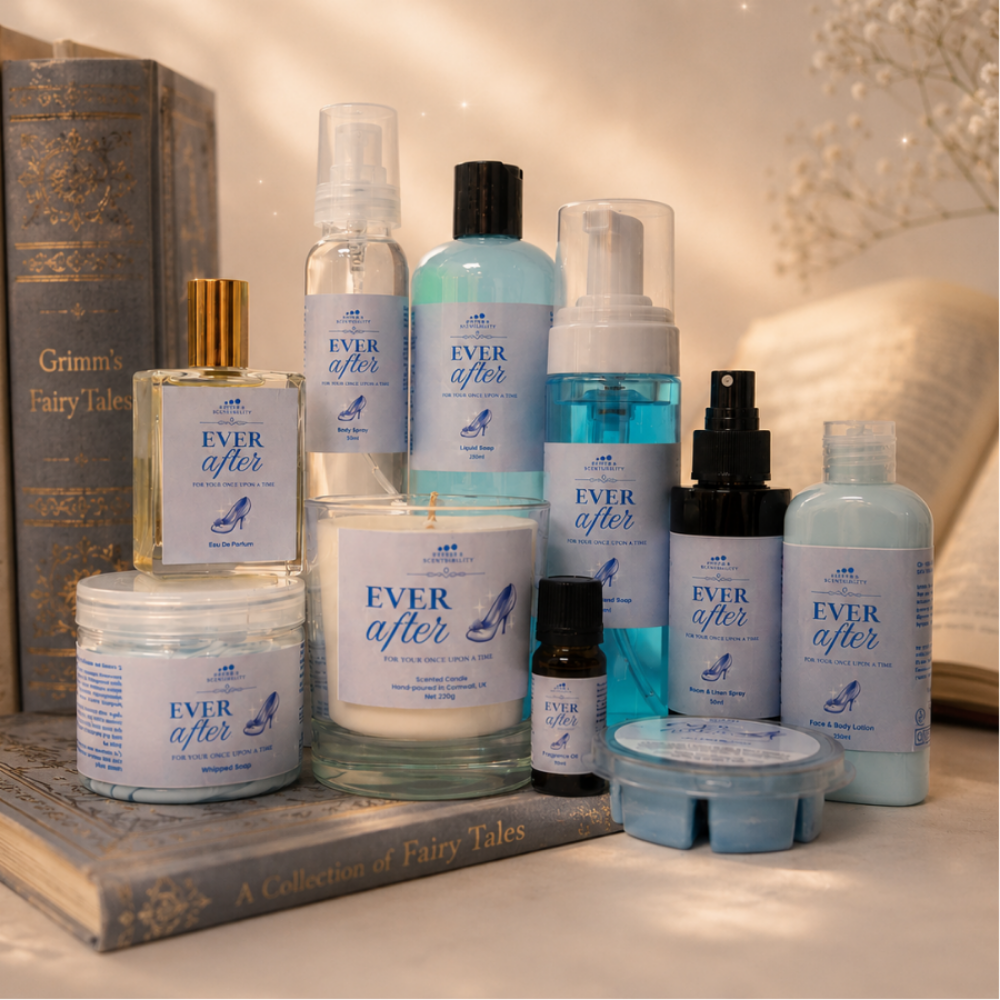 Collection of 'Ever After' products on a surface with books in the background