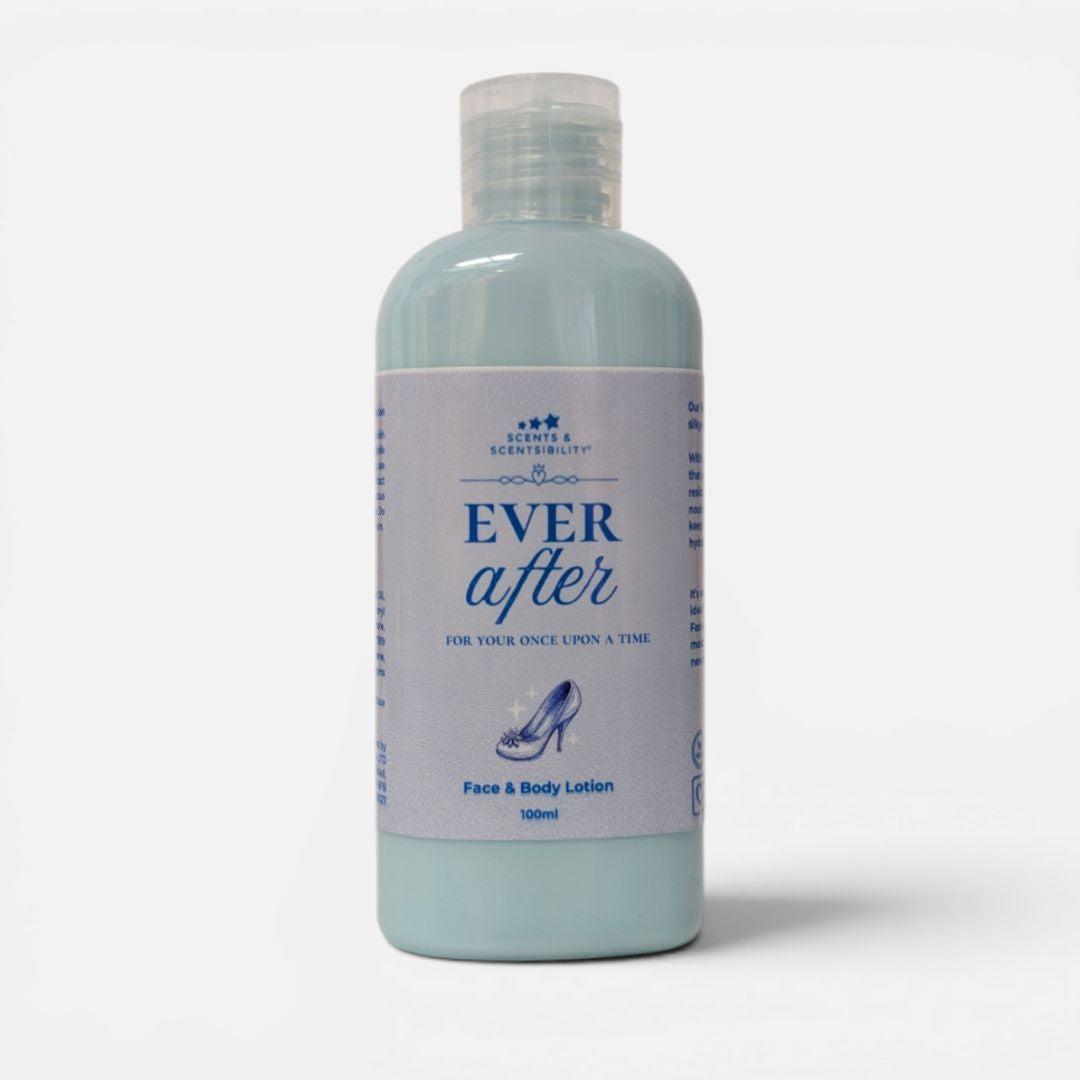 Bottle of 'Ever After' face and body lotion on a white background