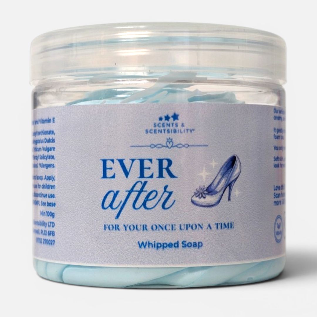 Jar of 'Ever After' whipped soap with a blue label on a white background